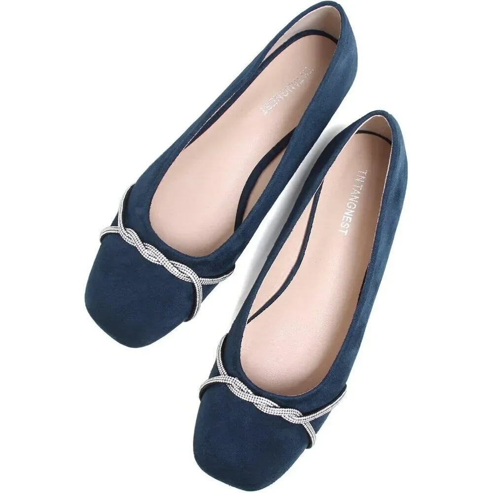 Women's Blue Suede Casual Fashion Chain Pointed Toe Ballet Flat Rhinestone